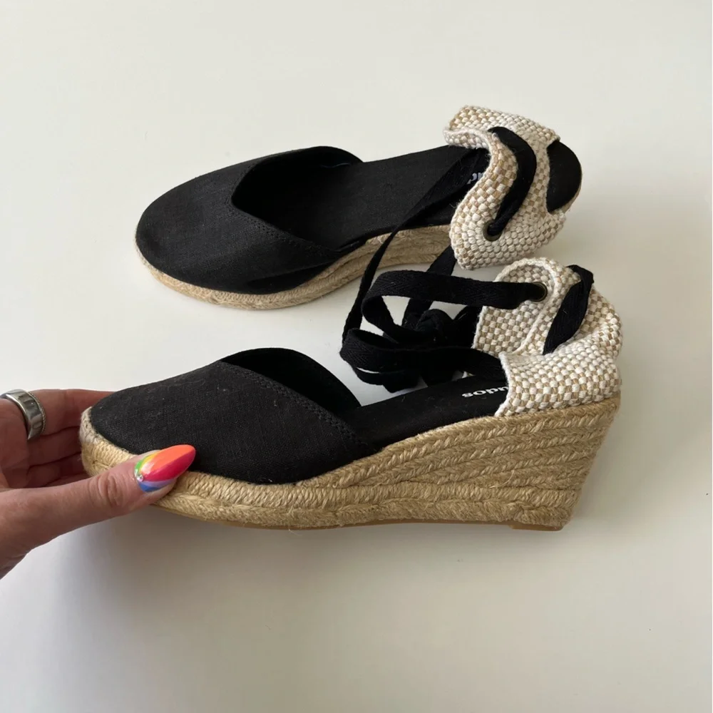 Soludos Lyon Espadrille Wedge Sandals Lace Ankle Black and Tan Size 6.5